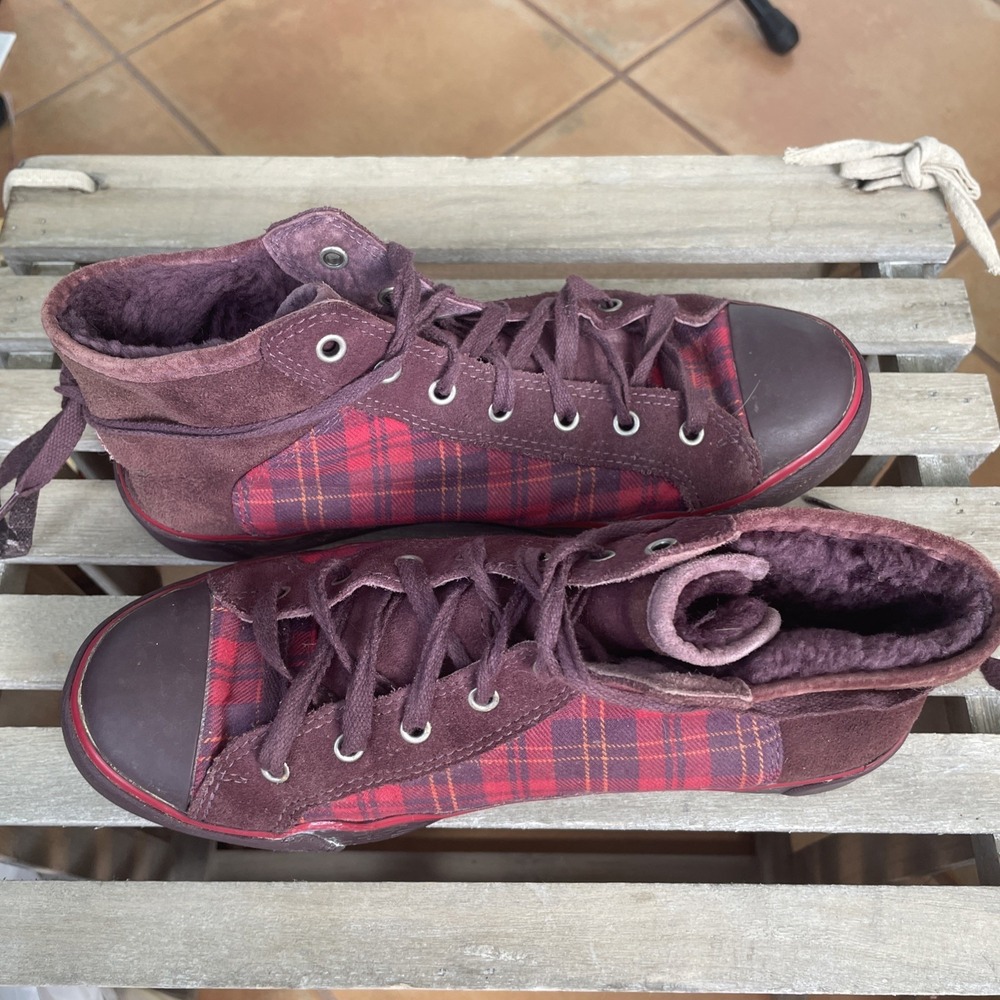 UGG High Top Lace Up Fur Lined Sneakers Brown/Red Style Cathy Size US 8‎ Women's